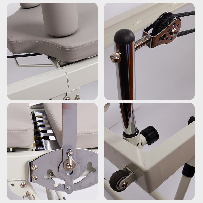 Collage of close-up details of the reformer pilates bed mechanism.