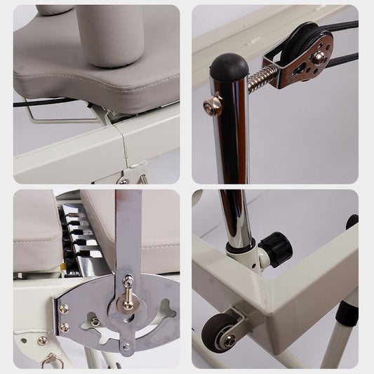 Collage of close-up details of the reformer pilates bed mechanism.